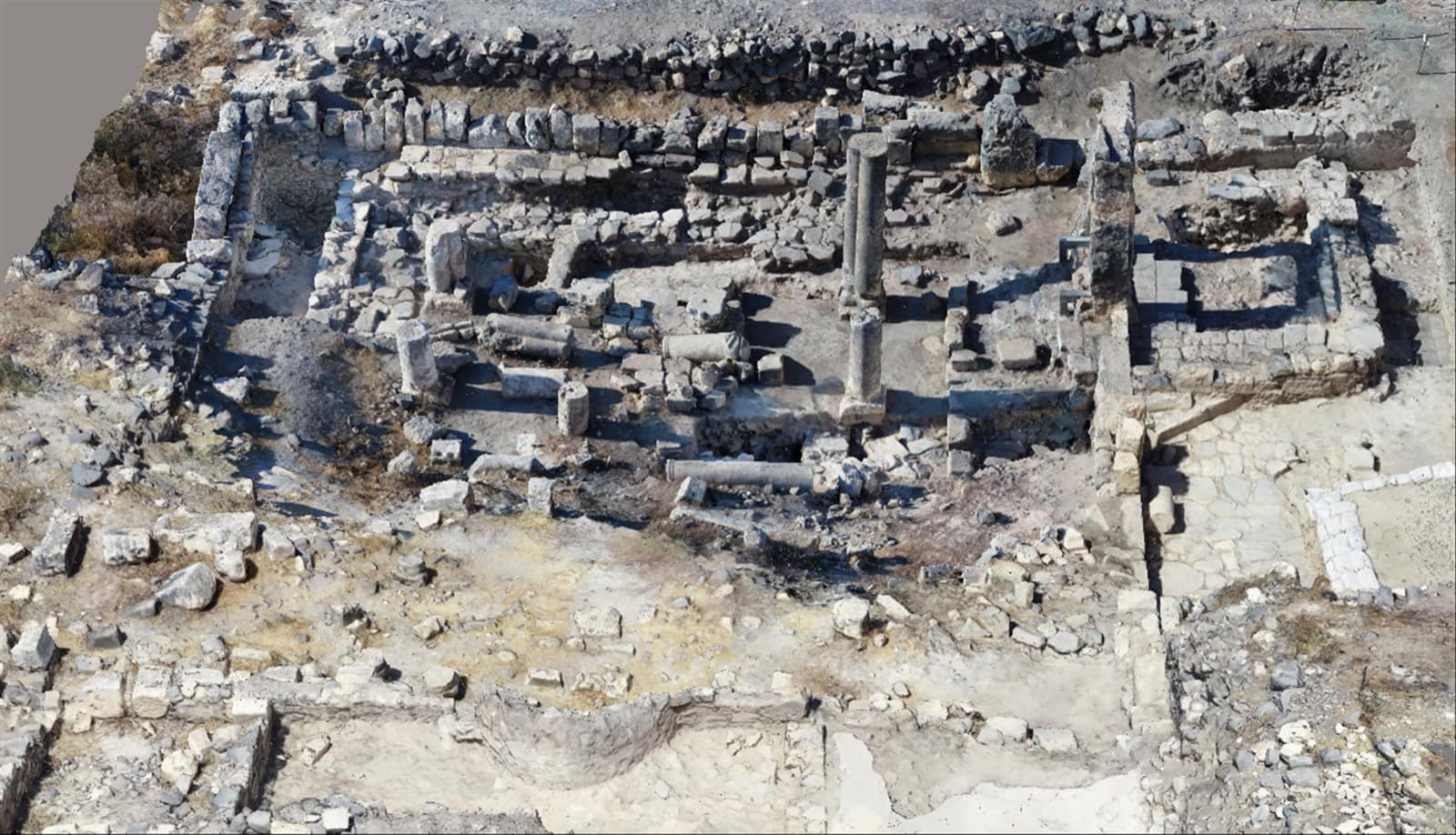 Aerial view of the ancient synagogue remains at Arbel National Park