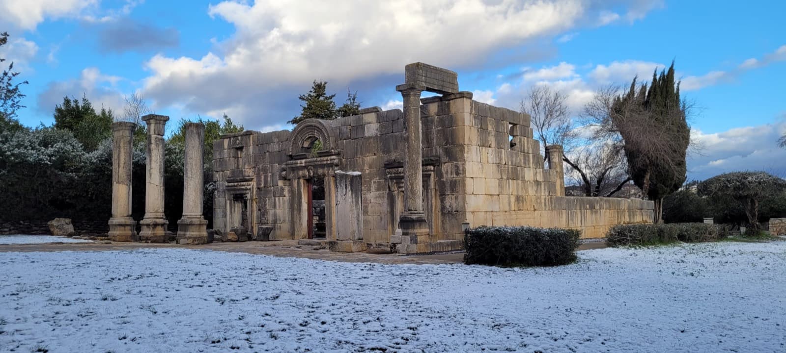 The ancient synagogue at Bar'am in winter, with its facade and standing columns