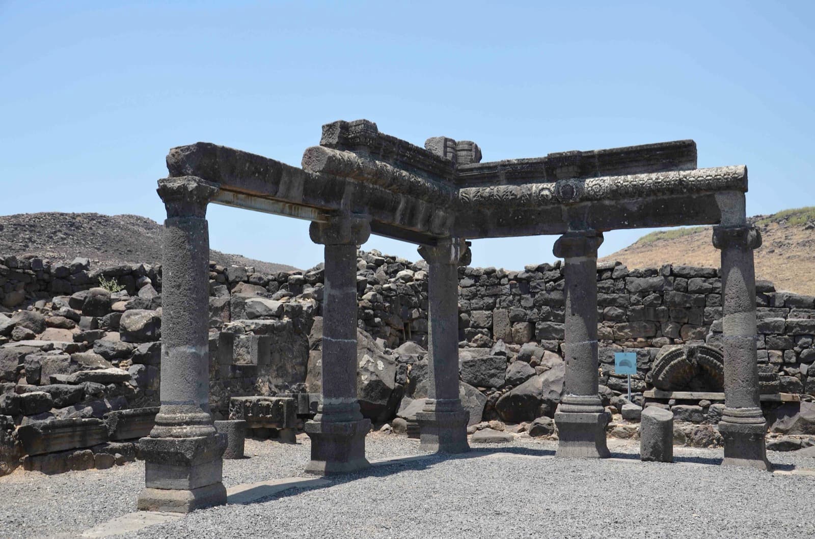 Basalt columns and lintels of the ancient synagogue at Korazim
