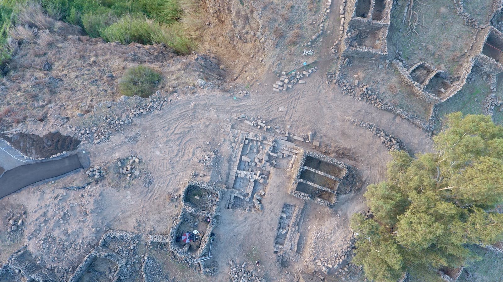 Aerial view of the excavated synagogue and surrounding remains at Yehudiya Nature Reserve
