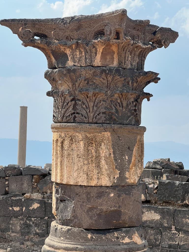 A carved column capital at Sussita, with leaves cut into the stone