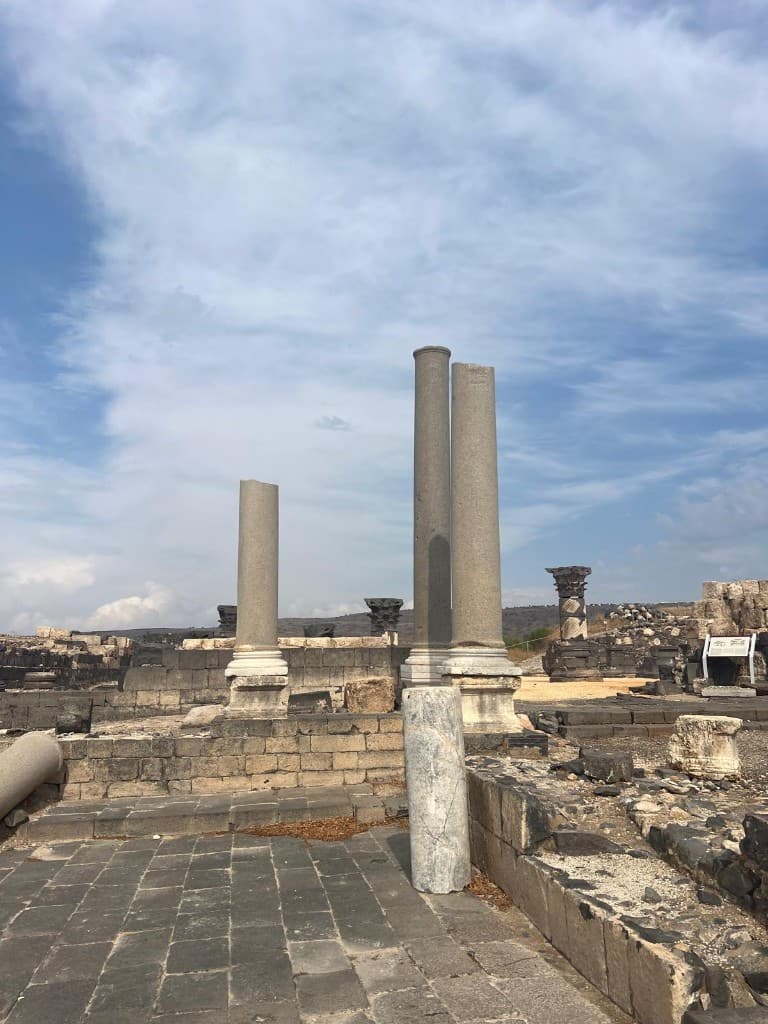 Columns standing in the ruins at Sussita National Park, above the Sea of Galilee